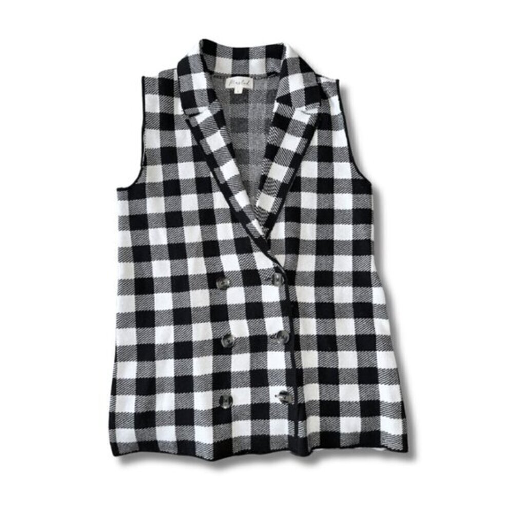 Women’s Black & White Sweater Vest Marled Large Plaid Gingham Wool